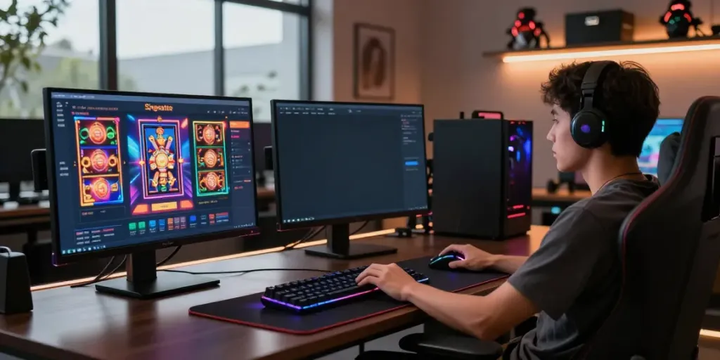 Situs singatoto with a gaming setup showing vibrant online slots on screen and high-tech accessories.