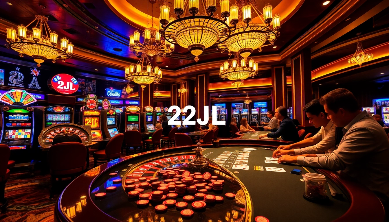 Experience the thrill of 22JL at a luxury casino, where players engage with roulette and card games.