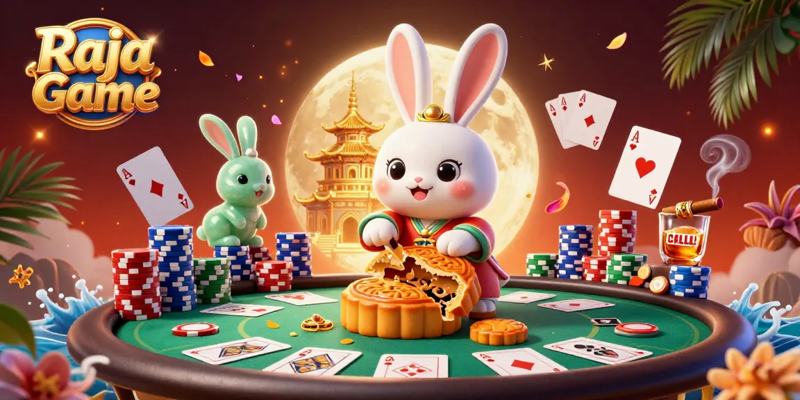 Engage in thrilling gameplay with Raja Game as moon rabbits reveal poker chips amidst vibrant casino elements.