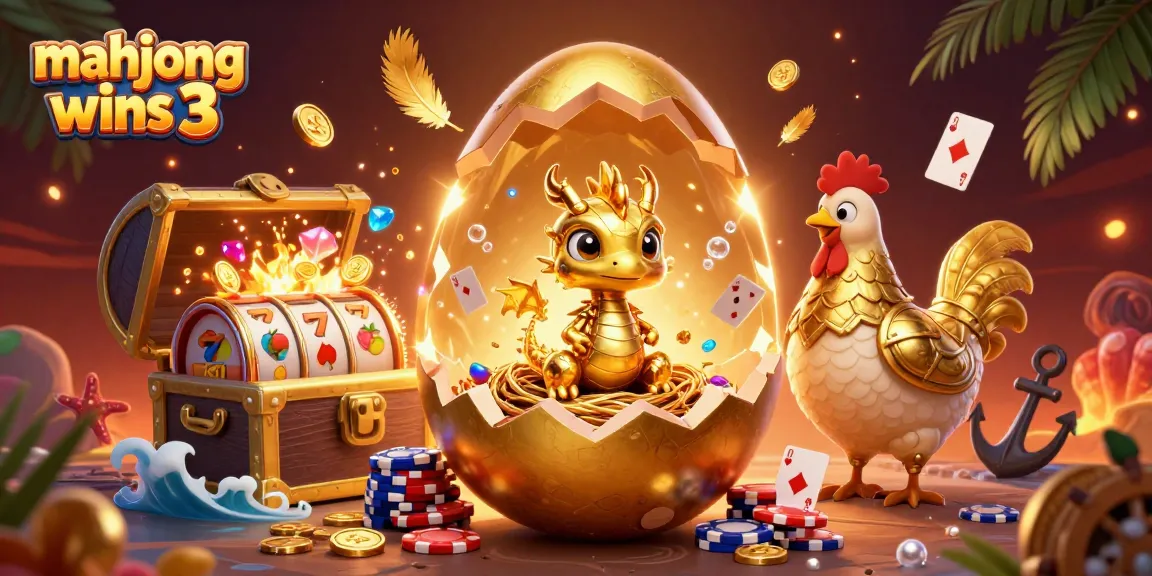 Experience thrilling mahjong wins 3 with a golden dragon and poker chips in a vibrant 3D illustration.