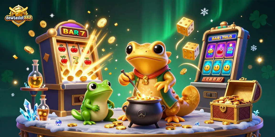 Menangkan jackpot luar biasa di dewataslot888 dengan ilustrasi 3D yang menampilkan alkemis dan simbol-simbol kasino.