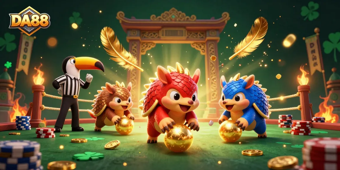 Bowling pangolins and a toucan referee in a vibrant DA88 casino scene with tons of poker chips.