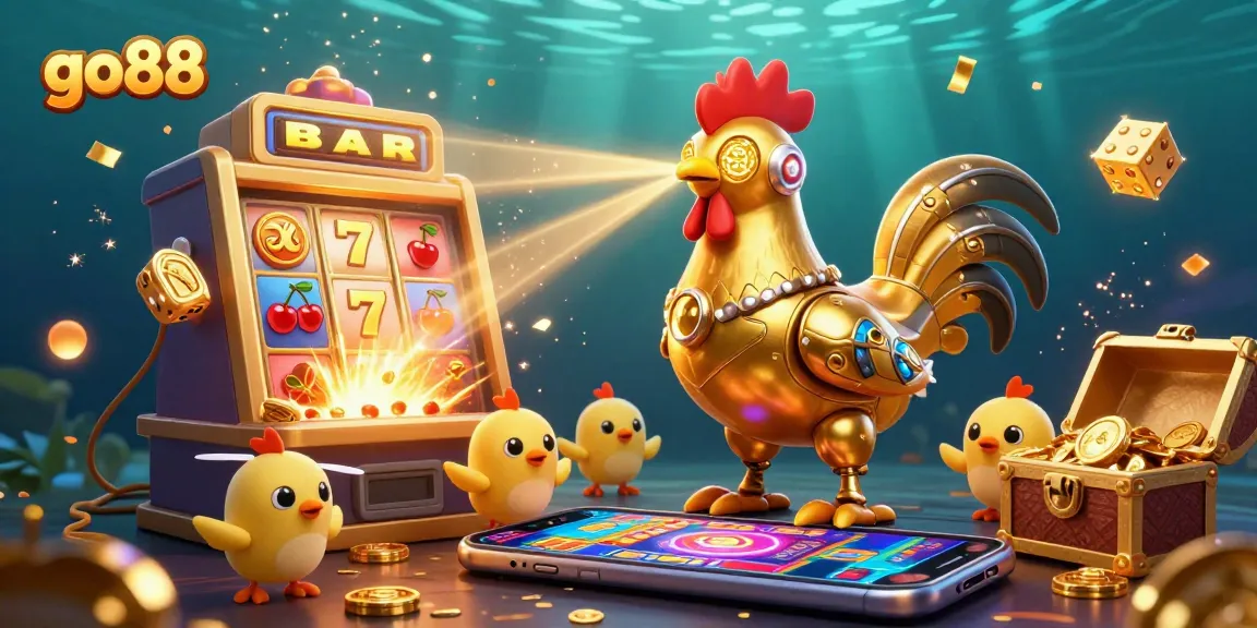 Experience thrilling action with go88, featuring a dynamic 3D casino scene with golden elements and playful characters.