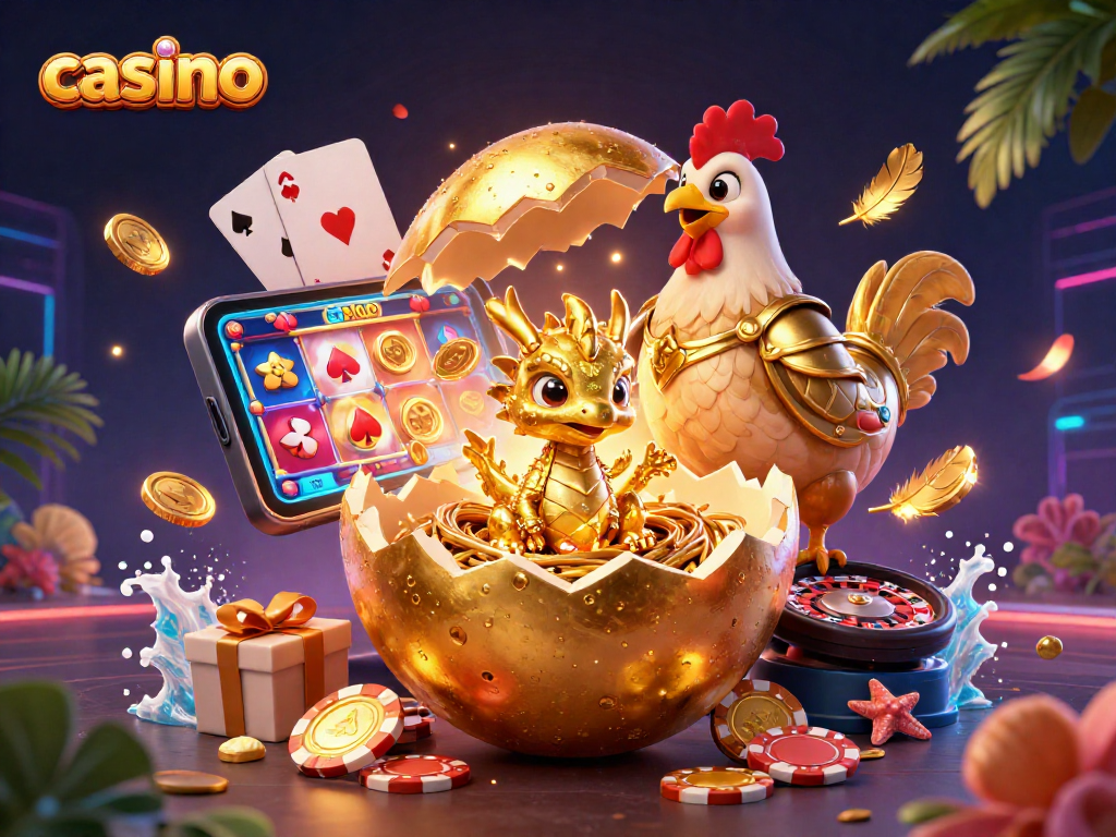 Experience thrilling casino action with a golden dragon and poker chips in a vibrant 3D illustration.