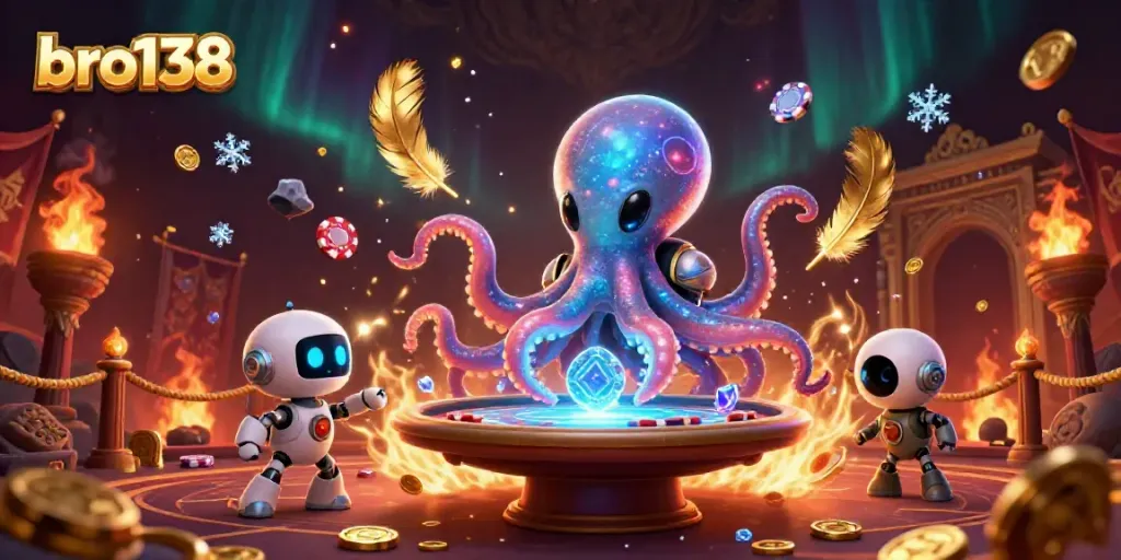 bro138 invites players to enjoy a vibrant space-themed poker experience with an octopus dealer and robot