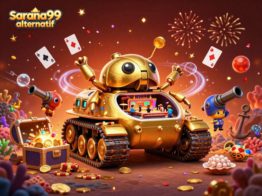 Sarana99 alternatif gaming scene with a golden beetle tank revealing a casino amidst explosions of treasure and confetti.