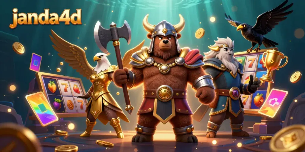Slot permainan janda4d dengan beruang Viking dan elang Valkyrie di latar belakang megah.