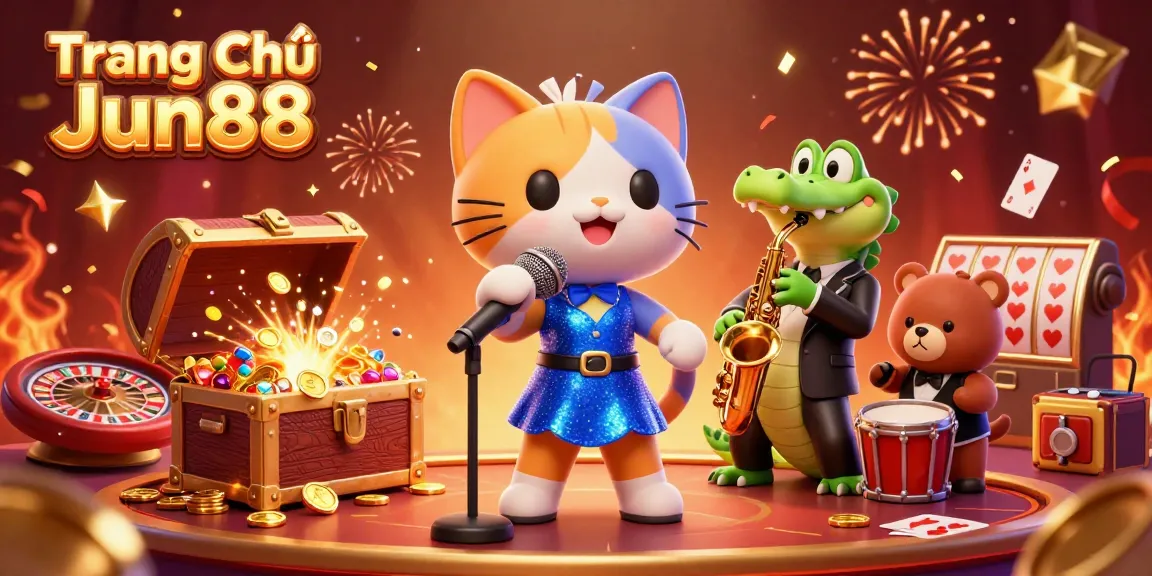 Experience an exciting scene on Trang Chủ Jun88 with a jazz-singer cat, saxophone crocodile, and drum bear amidst casino elements.