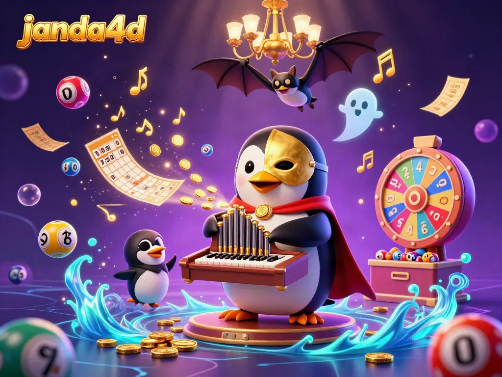 Ilustrasi kasino 3D janda4d dengan penguin memainkan organ dan koin emas meluncur.