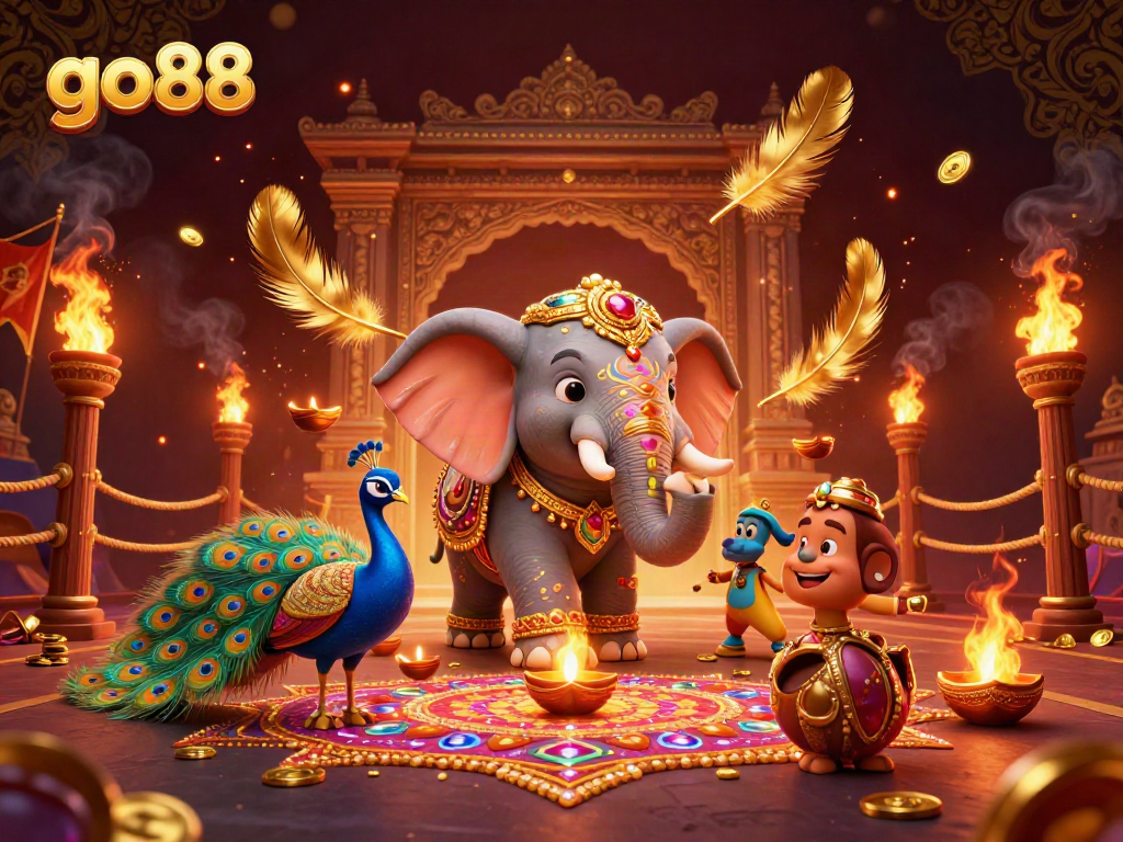 Join the fun on go88 with a colorful 3D gaming scene featuring elephants and peacocks.