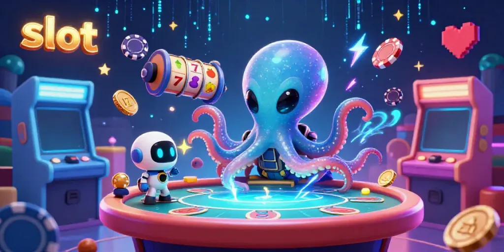 Engaging slot machine scene featuring an alien octopus and robot, vibrant gaming elements.