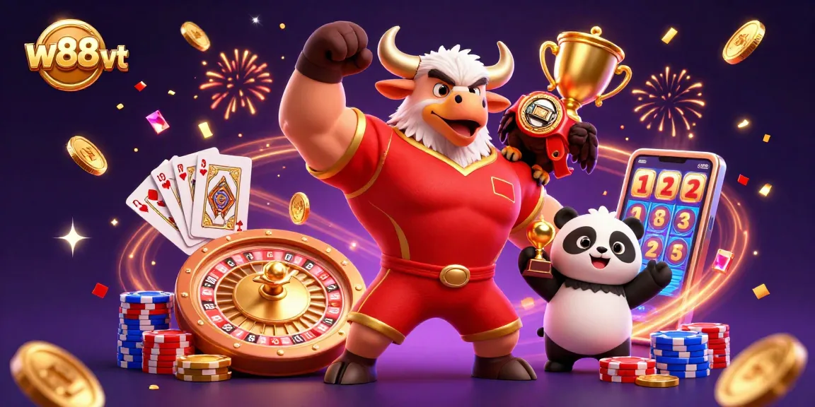 Cá cược tại w88 vt với linh vật bò, đại bàng và gấu trúc tràn ngập tiền xu và đồ chơi casino.