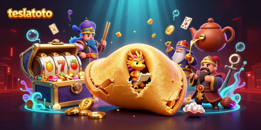 Engage with teslatoto's thrilling slots experience, featuring a dynamic 3D illustration of a fortune cookie and casino elements.