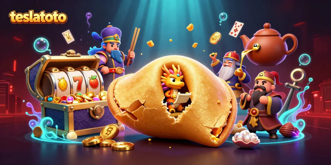 Engage with teslatoto's thrilling slots experience, featuring a dynamic 3D illustration of a fortune cookie and casino elements.