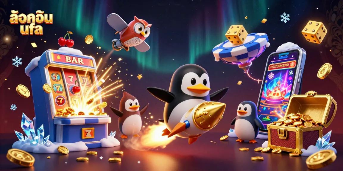 Experience ล็อคอิน ufa with a dynamic and festive 3D casino illustration showcasing winning excitement.