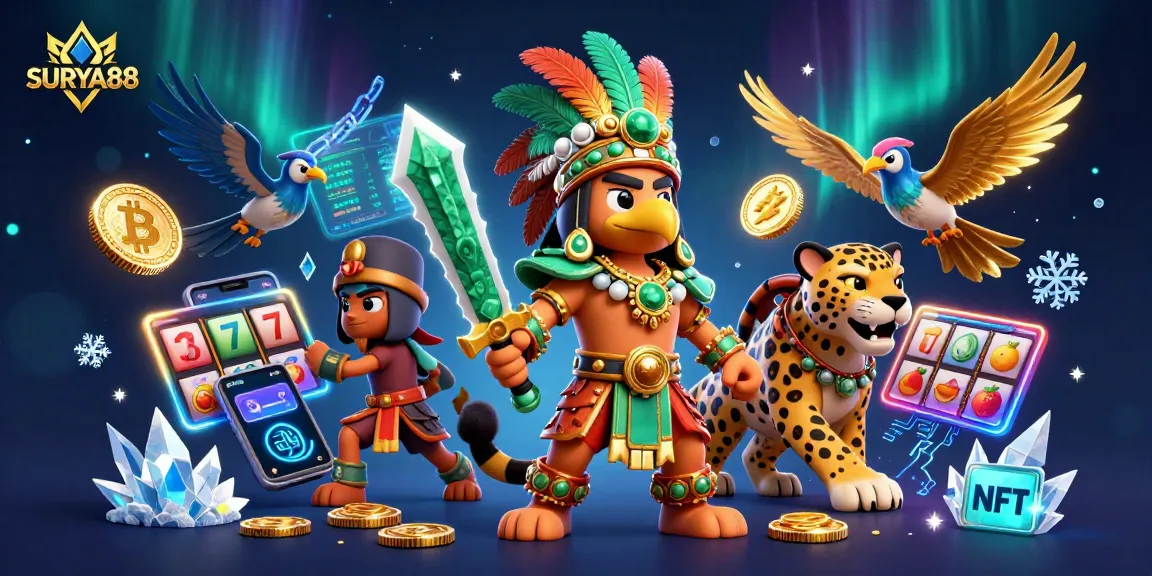 SURYA88 promotional illustration featuring Aztec warriors, slot machines, and cryptocurrency elements.