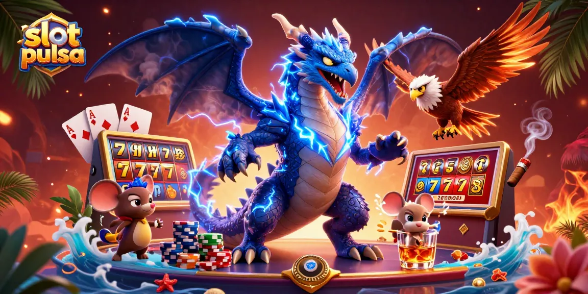 Nikmati slot pulsa dengan karakter menarik dan elemen kasino dalam ilustrasi 3D yang dinamis.