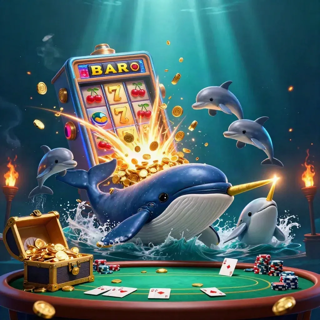 Whale captain, narwhal, and dolphins erupt with coins, gold, and jackpot light underwater