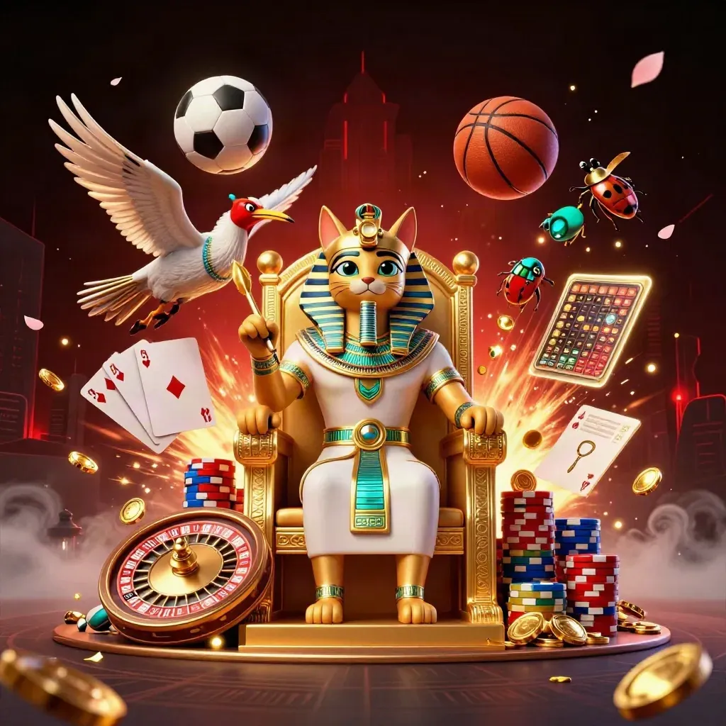 Pharaoh cat, ibis scribe, and scarabs amid coins, cards, chips, and flying sports balls.