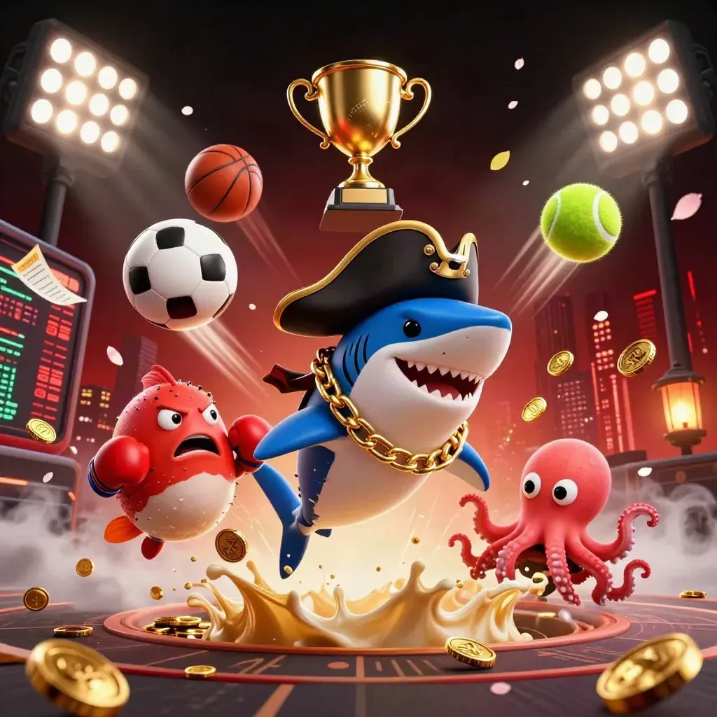 Pirate shark, red pufferfish, and baby octopus amid flying balls, coins, and casino lights.
