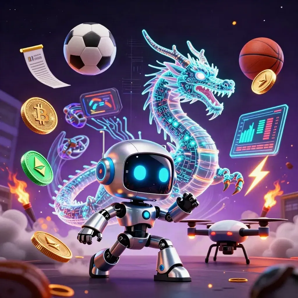 Cyberpunk robot, AI dragon, and coin drone amid flying sports and crypto energy.