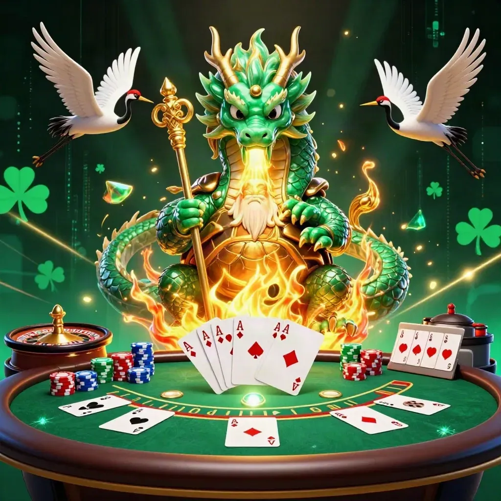 Jade dragon, turtle sage, and cranes amid poker luxuries, chips, cards, and golden fire