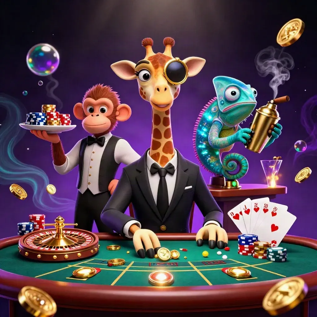 Three casino critters at a VIP table amid gold coins, gems, roulette, and neon luxury.