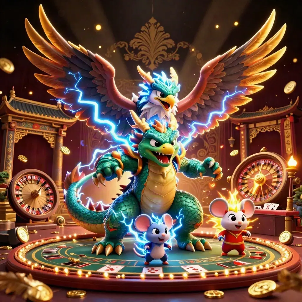 Thunder dragon, glowing hawk, and static mouse in a lavish casino room with gold and crimson light.