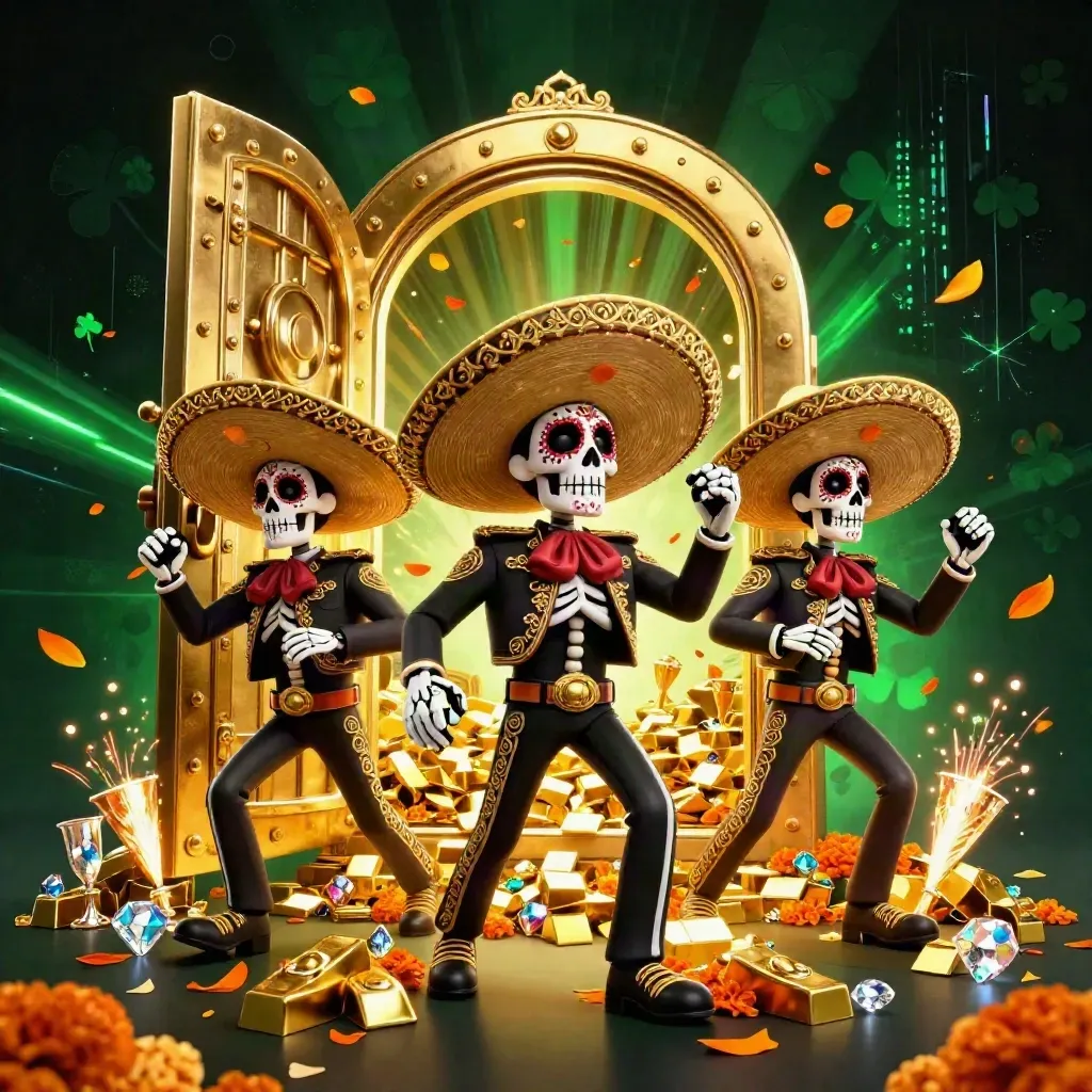 Three mariachi skeletons burst from a golden vault amid emerald sparks and treasure.