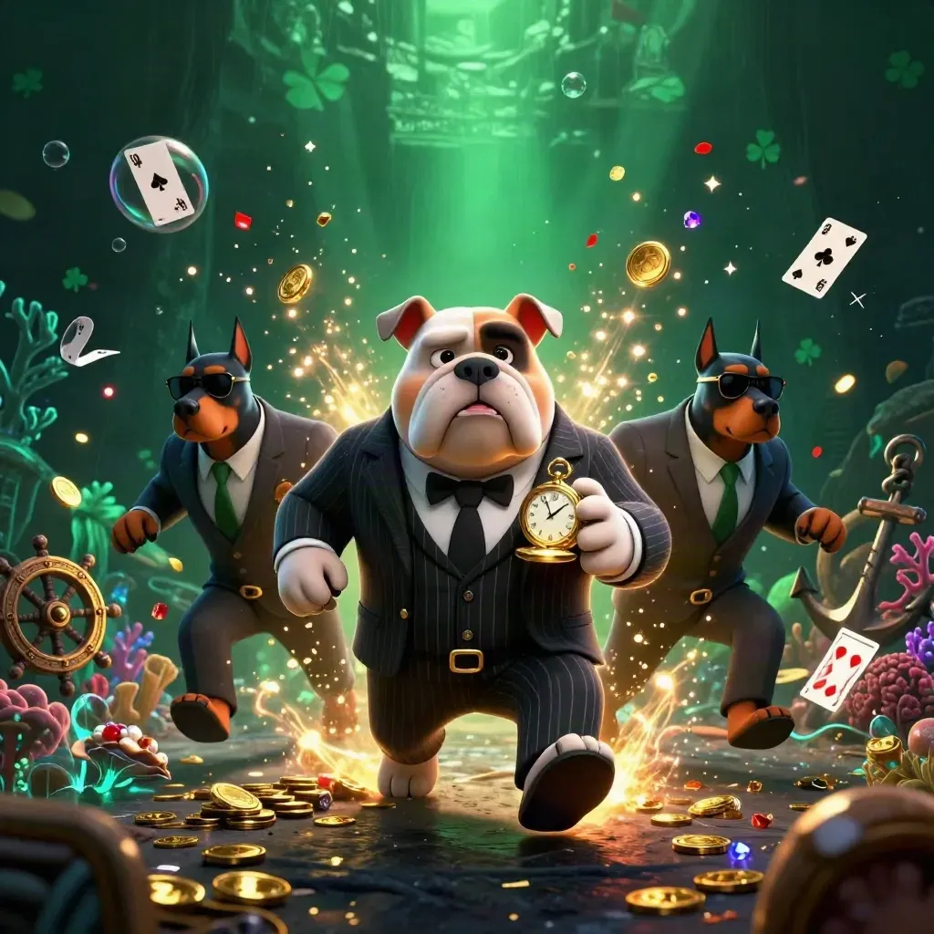 Bulldog boss and two Dobermans surge through an emerald treasure cove with coins, coral, and magic.