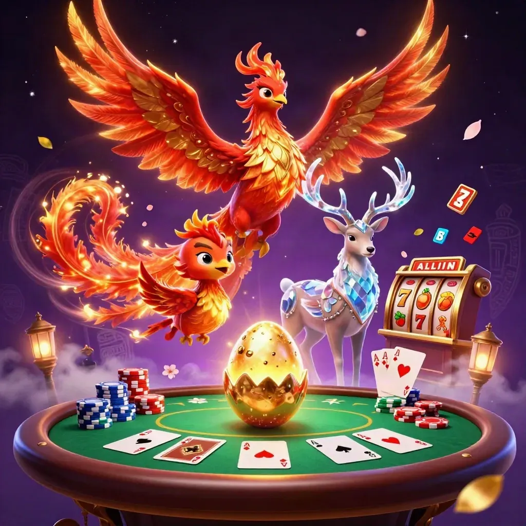 Fire phoenix, hatching chick, and crystal-antler stag amid poker chips, cards, and glowing runes.