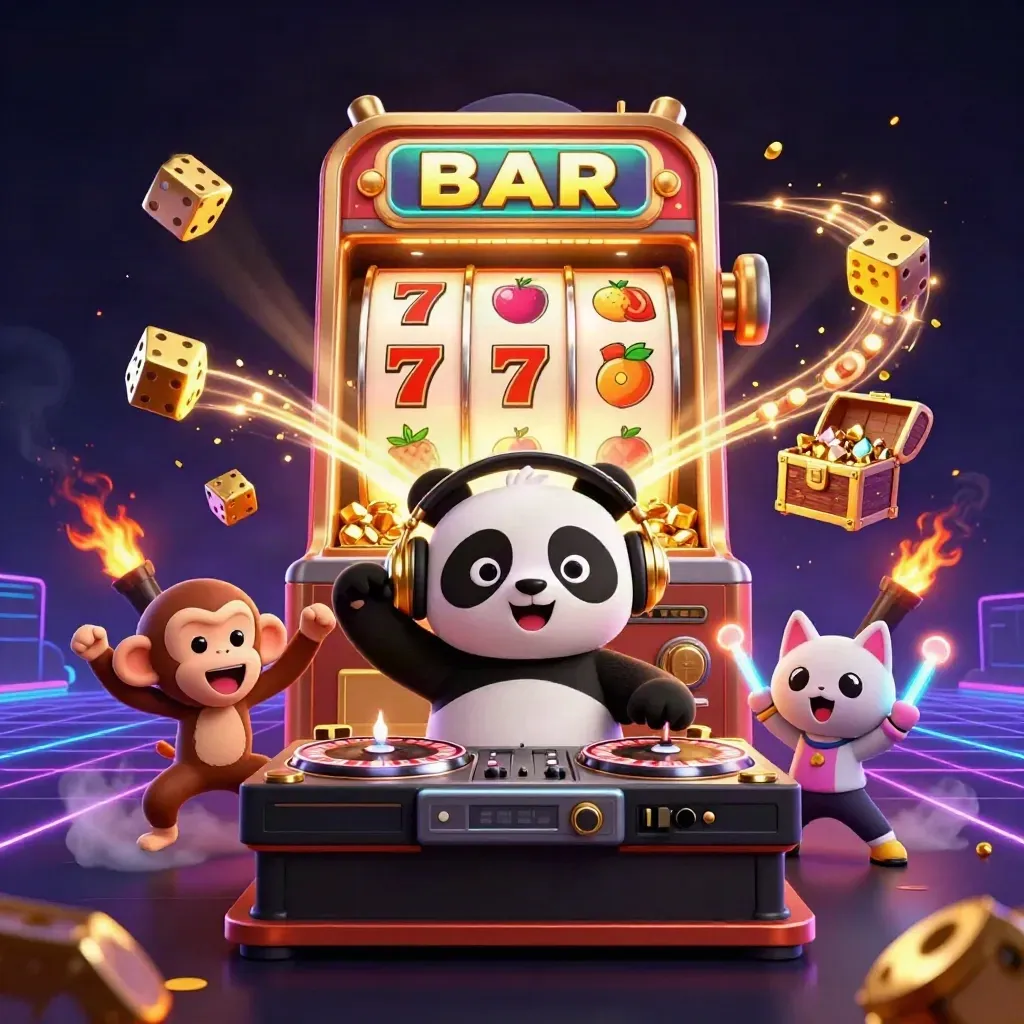 DJ panda, breakdancing monkey, and glow-stick kitten amid jackpot slot chaos in neon casino art