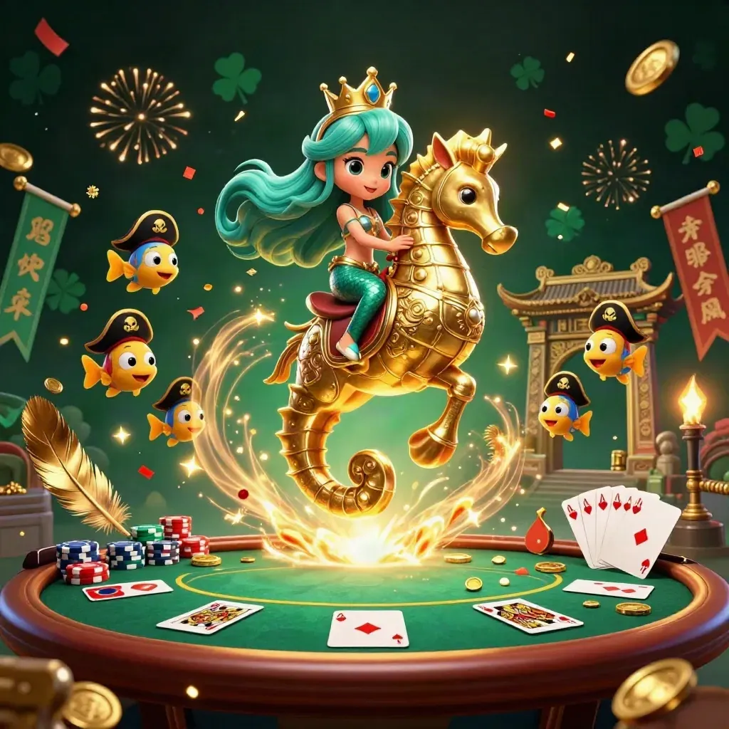 Mermaid princess on armored seahorse amid poker chips, coins, fireworks, and casino fantasy magic