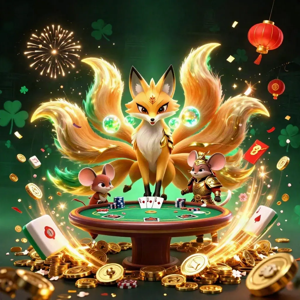 Fox spirit, samurai mouse, poker table, coins, fireworks, and treasure bursting in casino luxury
