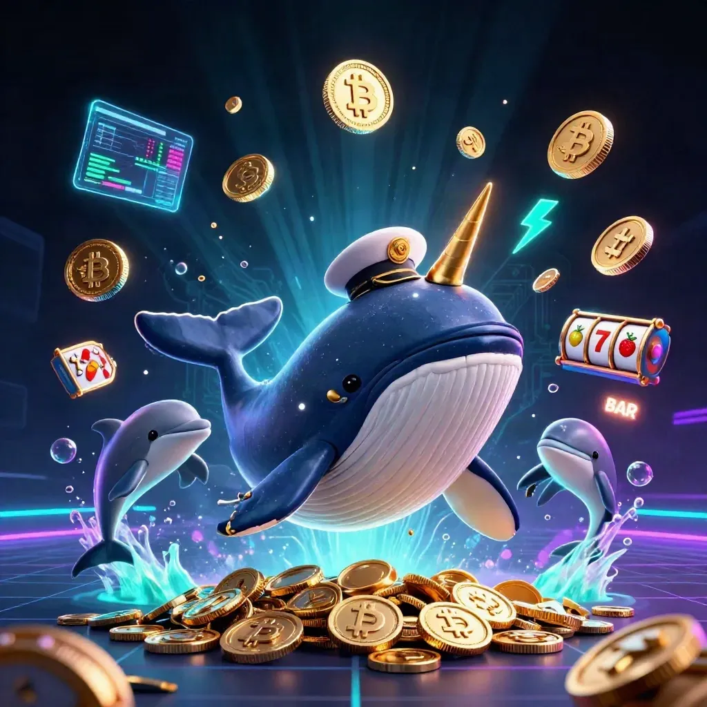 Whale captain, narwhal, and dolphins burst through coins with glowing casino and crypto effects.