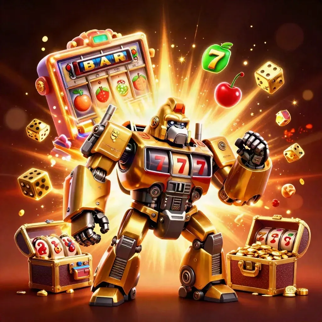 Golden gorilla mech with monkey pilot, slot reels, jackpot rays, dice, and treasure chest