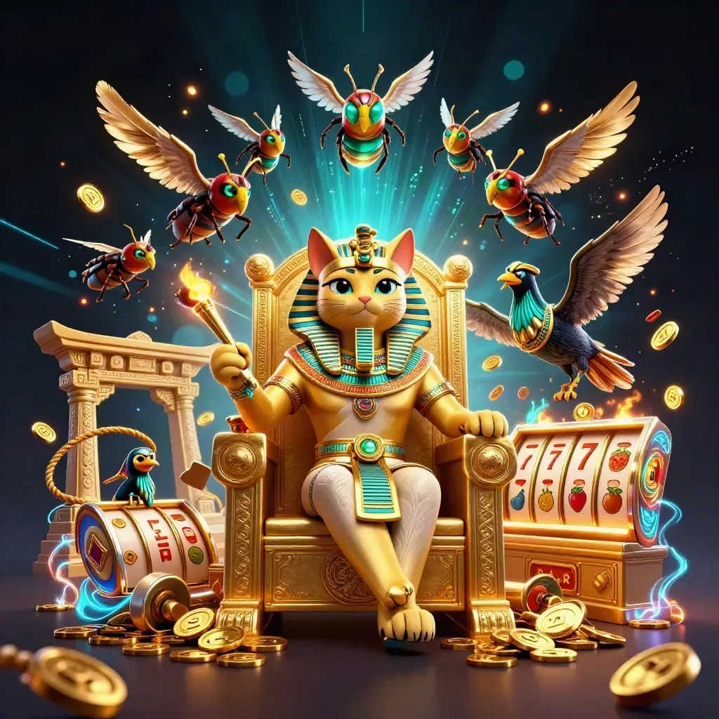 Pharaoh cat, ibis scribe, and scarabs amid casino relics and neon energy