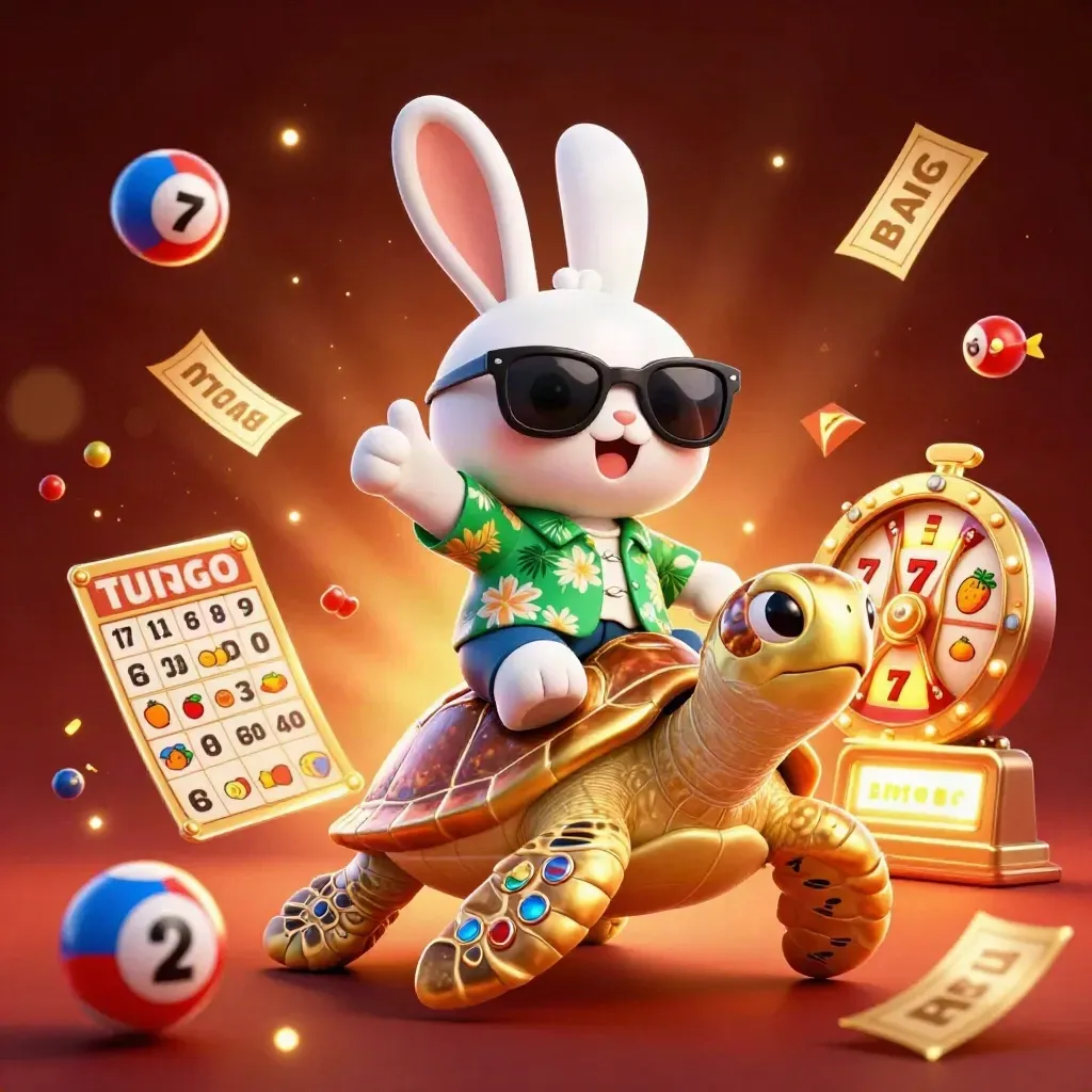Lucky rabbit rides a jeweled sea turtle amid casino prizes and glowing embers.