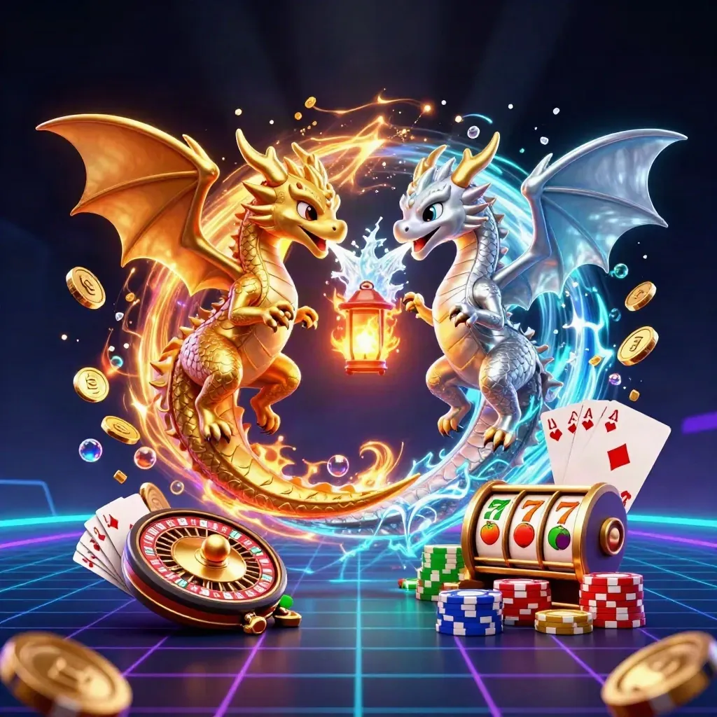 Twin gold and silver dragons orbit a lantern spirit amid poker chips, coins, cards, and neon casino lights.