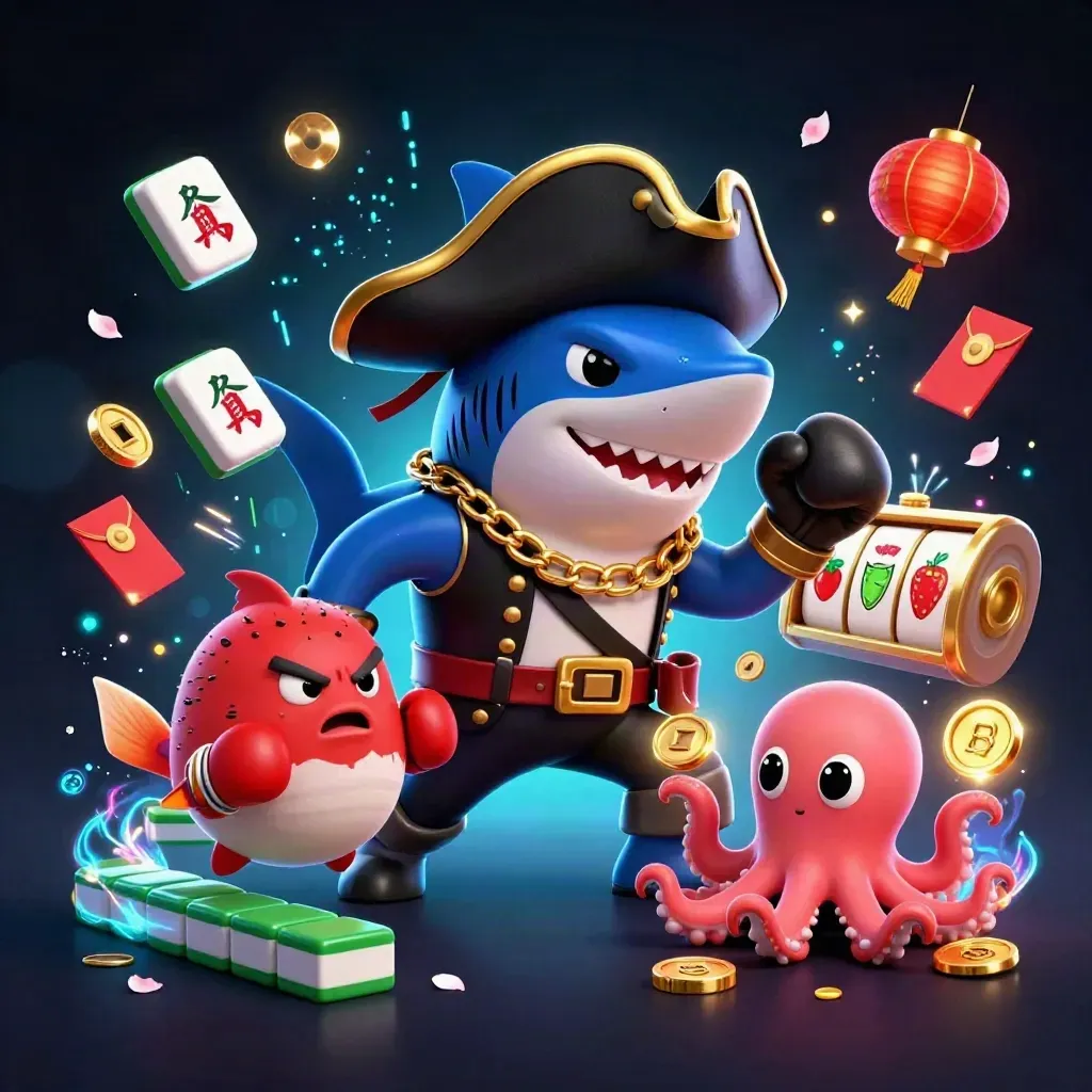 Pirate shark, boxing pufferfish, and juggling octopus amid gold casino effects.