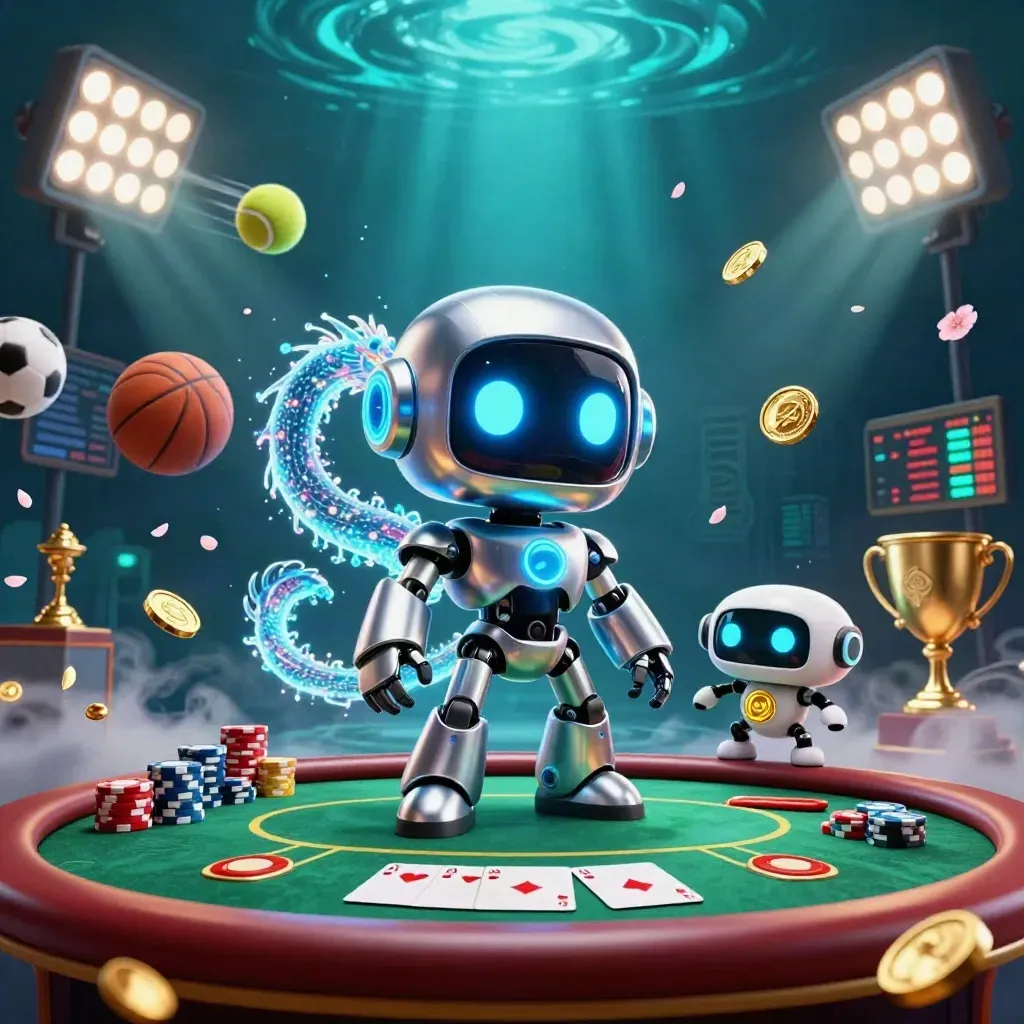 Cyberpunk robot, holographic dragon and drone over a poker table with chips, coins and glowing casino effects.
