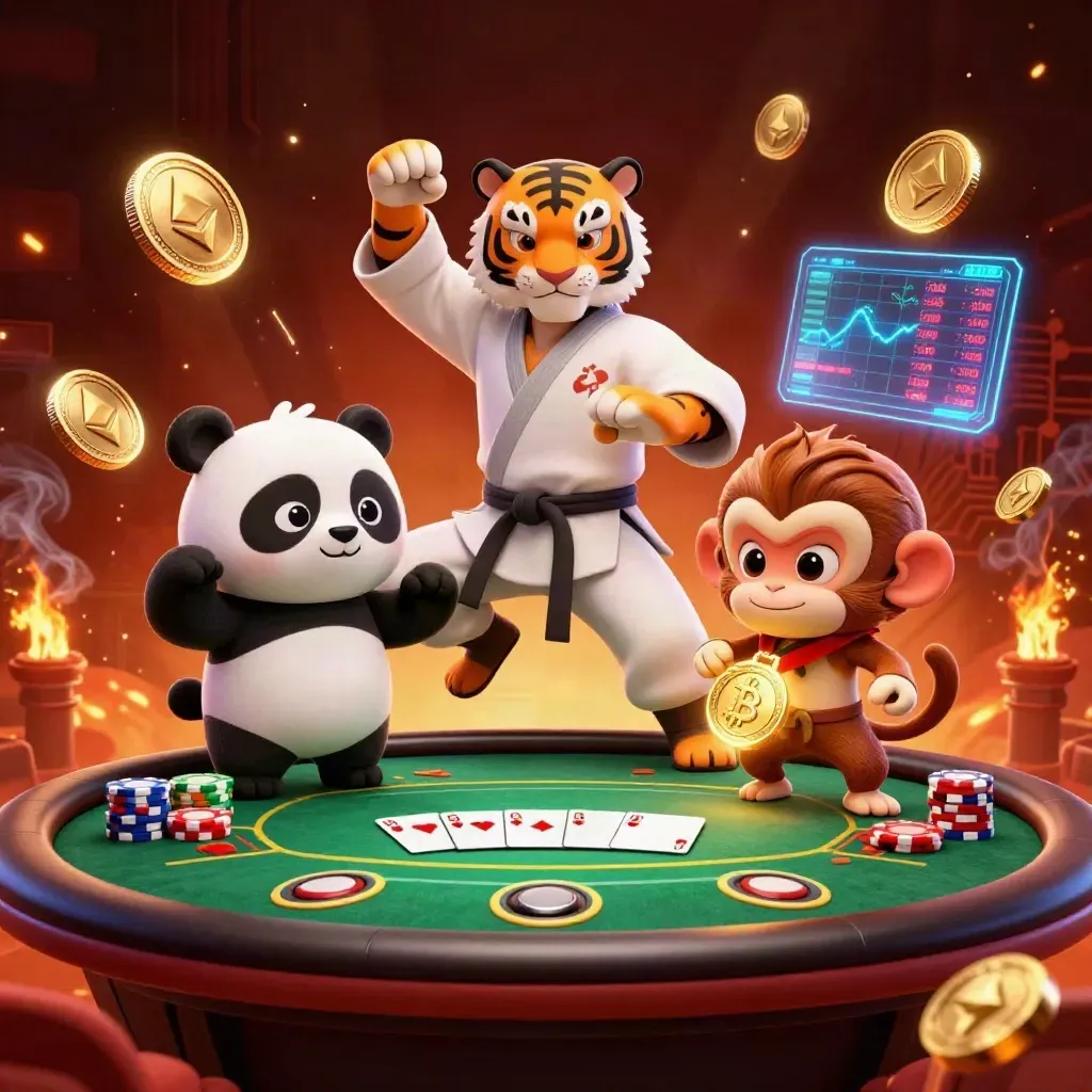 Three kung-fu animals around a poker table with gold chips and neon casino effects