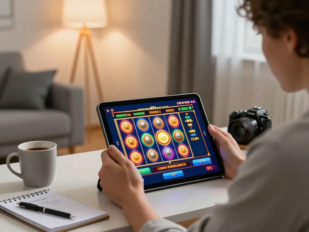 Player enjoying an engaging spinadvisor online slot session on a tablet in a cozy living room.