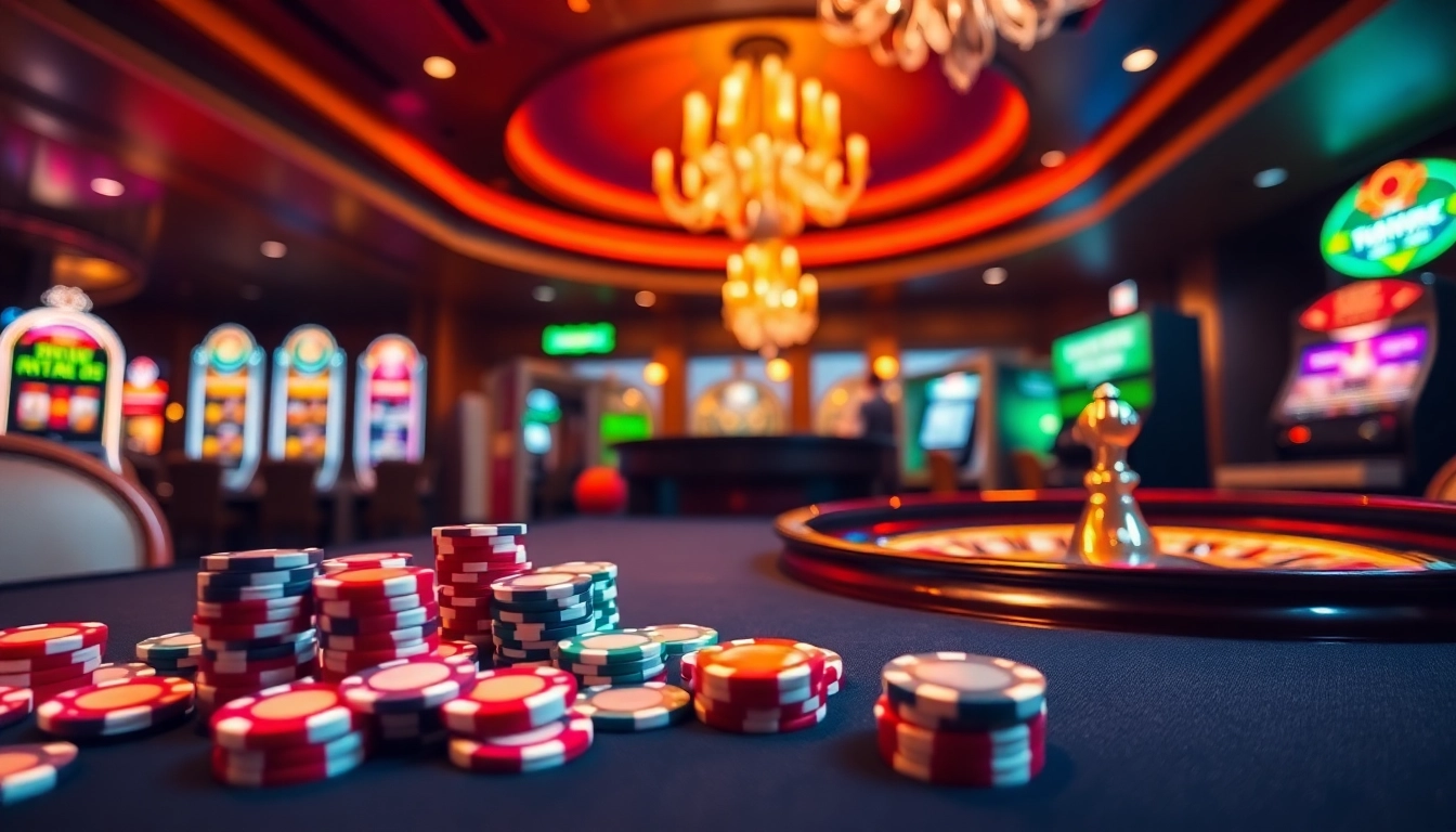 Engage in the excitement of Tool xổ số siêu tốc with vibrant casino elements showcasing poker chips and roulette.