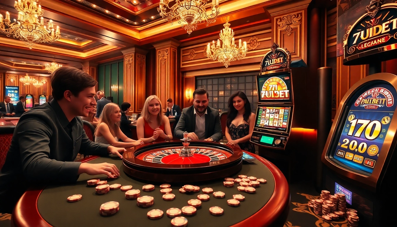 Experience thrilling bets at 7upbet with players enjoying blackjack and roulette in an elegant casino.