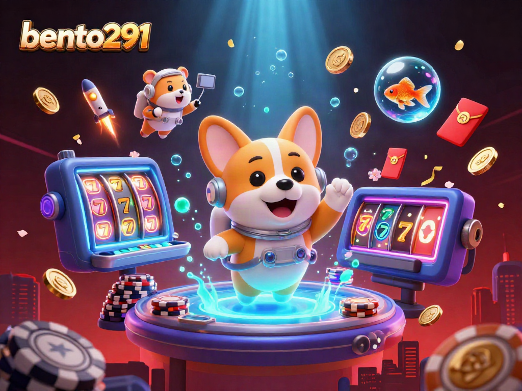 Engage with bento291's vibrant casino scene featuring a corgi and hamster in space.