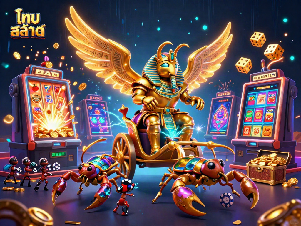Engage with ไทย สล็อต at a vibrant casino scene showcasing golden scarabs and overflowing jackpots.