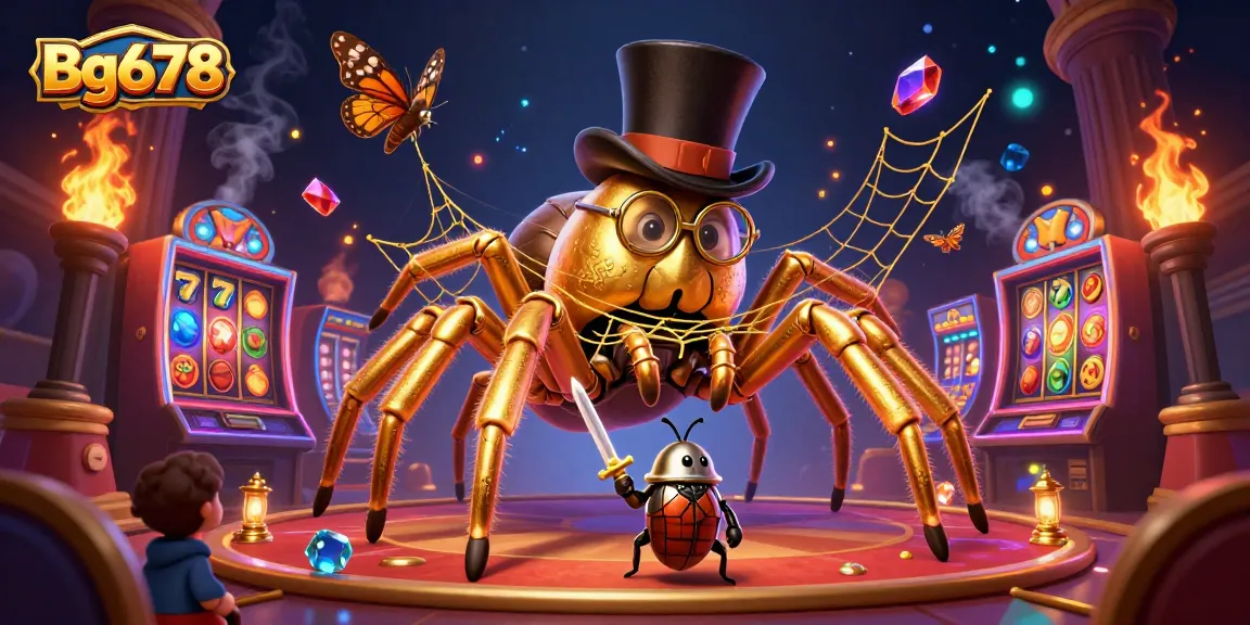 Engage with Bg678 casino thrills featuring an adventurous knight and golden tarantula in action.