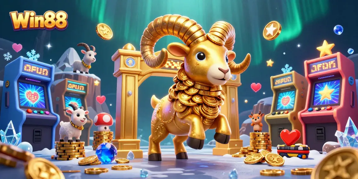Win88 showcases a dynamic casino scene with a golden ram, arcade elements, and captivating colors.