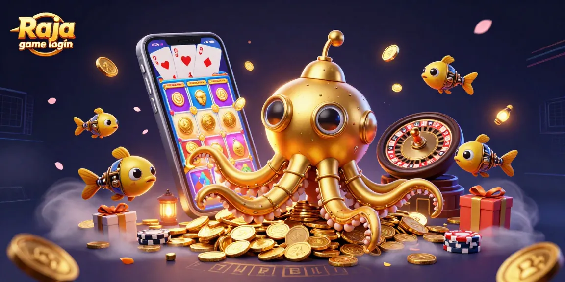 Experience the thrilling action of Raja game login with our vibrant 3D digital illustration featuring an engaging casino scene filled with games.